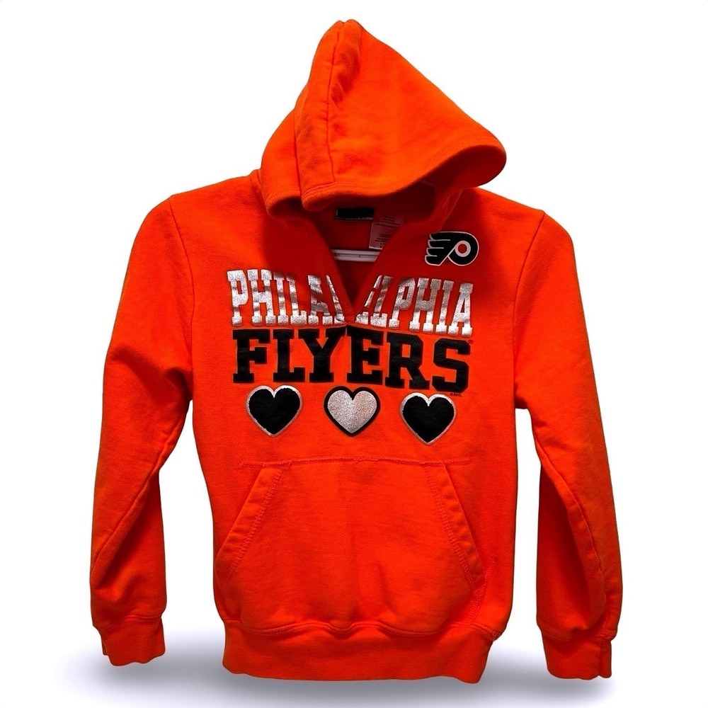 Philadelphia Flyers Girls L 10/12 Orange Hoodie NHL Hearts Pullover Sweatshirt